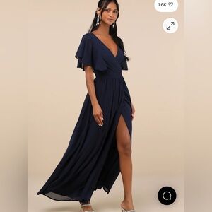 Elegant Navy Blue Wrap Maxi Dress with Flutter Sleeve